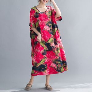 Dimanaf Zomer Vrouwen Print Jurk Oversize Zonnejurk Beach Stijl Lady Vestidos Katoen Linnen Ongedwongen Losse Plus Size Kleding