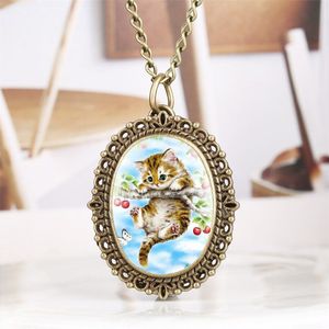 Bronzen Hanger Sieraden Klok Quartz Zakhorloge Leuke Katten Display Ketting Klok Ovale Vorm Fob Horloge Beste Cadeaus reloj