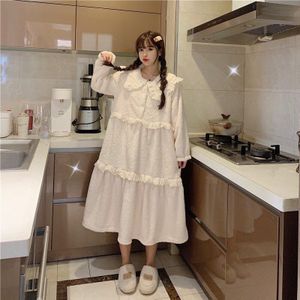 Vrouwen Winter Koreaanse Prinses Stijl Zoete Nachthemd Lange Mouw Coral Fleece Kant Nachtjapon Slapen Jurk Dikke Homewear L203