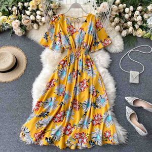 Yuoomuoo Bloem Print Jurk Vrouwen Zomer Elastische Hoge Taille Lange Geel Big Wing Strand Jurk Vrouwelijke Sexy Bohemian Jurk