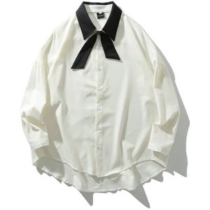 Koreaanse Kleding Herfst Mannen Eenvoudige Zwart Wit Bow Tie Lange Mouwen Streetwear Mannelijke Oversized Casual Shirts