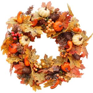 Herfst Thema Deur Krans Kunstmatige Pompoen Bessen Pine Cone Maple Handgemaakte