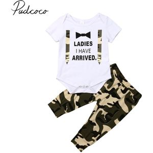 Baby Zomer Kleding Pasgeboren Baby Kids Baby Jongens Gentleman Kleding Sets Korte Mouw Brief Romper Tops + Camo Broek 0-24M