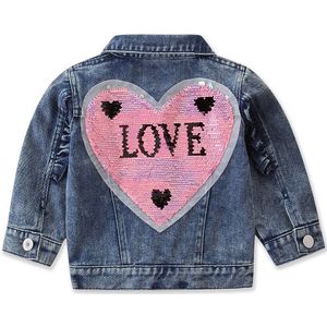 Kids Baby Denim Jassen Jas Jongens Meisjes Revers Lange Mouwen Hart Sequin Lente Herfst Tops Peuter Bovenkleding 0-5Y