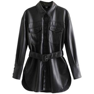 Traf Vrouwen Vintage Stijlvolle Faux Leather Met Belted Jacket Coat Lange Mouwen Zakken Zijsplitjes Pu Bovenkleding Chic Tops