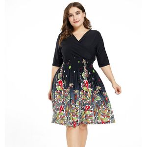 7XL Plus Size Casual Jurk Vrouwen Zomer V-hals Half Mouw Bloemenprint Midi Jurken Zwarte Hoge Taille Dames Tuniek jurk