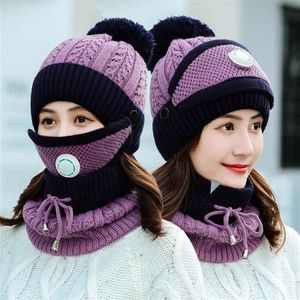 Womens Fleece Beanie Muts Winter 3 Stuks Set Muts Sjaal Masker Set Warme Zachte Fleece Gevoerde Ski Hoed met Pompom Hat032