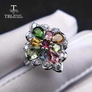 Tbj, natuurlijke Toermalijn Edelsteen Ring In 925 Sterling Zilver Kleurrijke Precious Stone Sieraden Voor Vrouwen Mom Meisje Als Verjaardagen