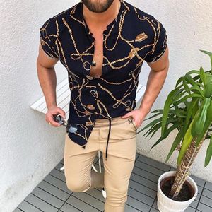 Zomer Man Shirt Mens Casual Etnische Digitale Gedrukt Stand Kraag Streep Korte Mouwen Losse Vest Enkele Breasted Overhemd H