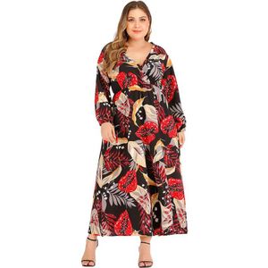 Plus Size Vrouwen Jurk Zomer Vrouwelijke V-hals Lange Mouwen Bladeren Lip Print Casual Lange Jurk Maxi Dames Tuniek lange Jurk