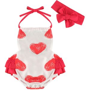 Prinses Baby Meisjes Jongens Bodysuits Valentijnsdag Outfits Heart Print Ruches Mouwloze Riem Jumpsuits