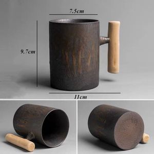 Japanse Stijl Keramische Vintage Kantoor Thee Water Cup Creatieve Chinese Retro Aardewerk Koffie Melk Mokken Met Houten Handvat Drinkware