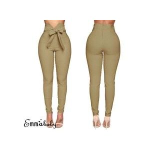 Mode Vrouwen Hoge Taille Casual Broek Mode Dames Strik Lange Slanke Skinny Broek Bandage Elastische Potlood Broek Met Sjerpen