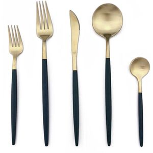 Black White Pink Golden Stainless Steel Flatware Cutlery Set Dinner Knives Dessert Salad Forks Round Scoops Dinnerware Set 5pcs