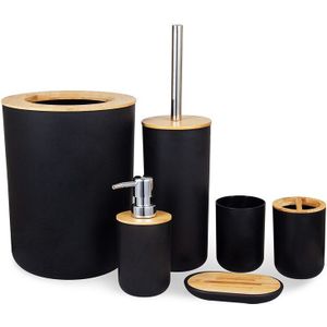 Untior 6 Stuks Badkamer Accessoires Set Bamboe Badkamer Kit Tandenborstelhouder Zeepdispenser Toiletborstel Prullenbak Badkamer Set