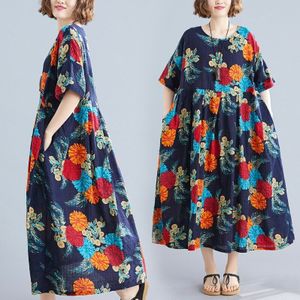 Dimanaf Oversize Vrouwen Jurk Summer Zonnejurk Vintage Print Bloemen Lady Vestidos Katoen Casual Losse Grote Plus Size Jurk