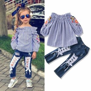 3-8Y Kid Meisje Bloem Kleding Set Bloem Geborduurde Off Shoulder Top + Gat Denim Broek Broek Jeans Lente Meisjes Kostuums