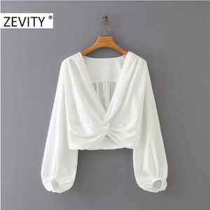 Zevity Vrouwen Sexy V-hals Geknoopt Korte Kiel Blouse Kantoor Dames Lantaarn Mouwen Chic Jacquard Shirt Zoom Elastische Tops LS7144