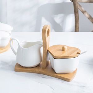 Hartvormige Pure Witte Keramische Suikerpot Melk Kruik Set Met Bamboe Handvat Melk Cup Melkkan Pourerpitcher Jugpottery koffie