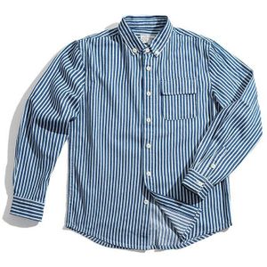 Retro Blauw Wit Denim Ruwe Verticale Gestreepte Shirt Lange Mouwen Revers Slanke All-Wedstrijd Mannelijk Overhemd