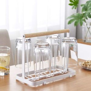 SHGO -Cup Droogrek Stand, 6 Cup Metalen Afdruiprek Holder Rack Antislip Mokken Cups Organizer met Houten Handvat