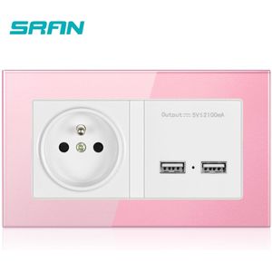 Sran Franse Dubbele Frame Stopcontact Met Dual Usb Lading Poort 5V 2A Wall Charger Roze/Groen Gehard glas Panel 146*86