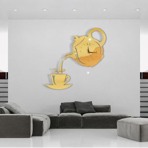 Creatieve Diy Acryl Koffiekopje Theepot 3D Wandklok Decoratieve Keuken Wandklokken Woonkamer Eetkamer Home Decor Klok