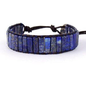 High End Buis Vorm Lapis Lazuli Single Lederen Wrap Armbanden Vintage Weaving Kralen Manchet Armband Bijoux