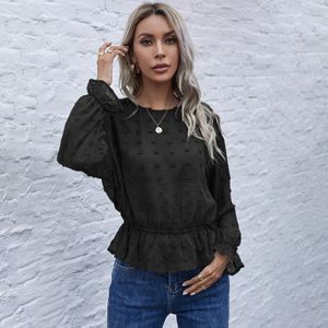 Benuynffy O-hals Zwitserse Dot Flounce Mouw Ruche Zoom Blouse Vrouwen Lente Lange Mouw Mode Zien Door Dames Sheer Top Blouse