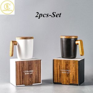 Giftmokken Houten Handvat Met Deksel Koffiekopje Liefhebbers Koffie Mokken Box Set Retro Keramische Mok Koffie