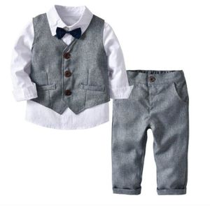 Student Pak Kind Jongen Pak Wit Shirt + Vest + Broek 3Pcs Gentleman Formele Peuter Baby Boy Kleding pak