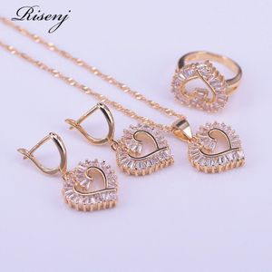 Risenj Hart Vierkante Top Zirkoon 18K Goud Kostuum Sieraden Set Voor Vrouwen Oorbellen Ketting Ring Set Bruids Sieraden