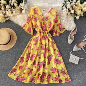 YuooMuoo Women Chiffon Dress Summer Flower Drawstring Flare Sleeve Dress Ladies Bohemian High Waist Midi Dress