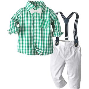 Top En Top Jongens Kleding Gentleman Pak Katoen Bow Tie Plaid Lange Mouw + Broek Jarretel Set Childrens Dagelijks kleding