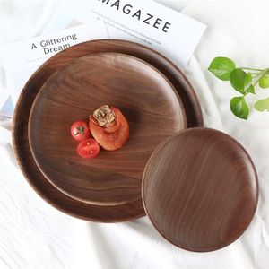 Zwarte Walnoot Houten Plaat Diy Ronde Houten Voedsel Serveren Plaat Gerechten Dessert Fruit Lade Diner Ontbijt Brood Plaat Servies Set