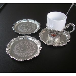10cm zeldzame zinklegering metalen ronde koffie/thee cup coaster pad dessertbord mat servies graveren reliëf zilver goud 339A