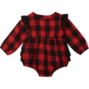 0-18M Baby Pasgeboren Baby Meisjes Kerst Rompertjes Rood Zwart Plaid Lange Mouwen Ruches Jumpsuit Xmas Baby Kostuums herfst