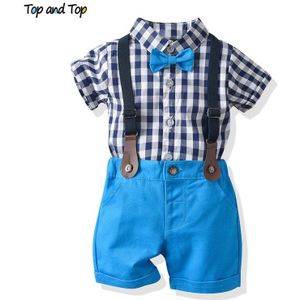 Top En Top Baby Boy Kleding Set Peuter Jongens Gentleman Suits Korte Mouw Plaid Bowtie Shirt Tops + Overalls Casual outfits Bebe