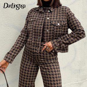 Darlingaga Vintage Houndstooth Herfst Winter Tweedelige Set Vrouwen Cropped Jas En Broek Plaid Bijpassende Sets Esthetische