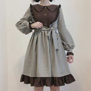 Herfst Winter Vrouwen Gothic Lolita Jurk Japanse Zachte Zus Leuke Lange Puff Mouwen Plaid Jurk Lente Meisjes Kawaii Bandage Jurk