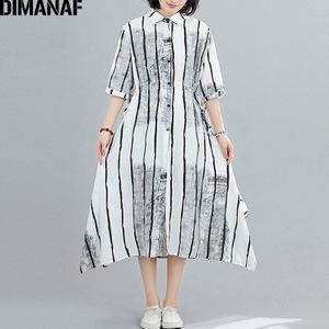 Dimanaf Zomer Plus Size Vrouwen Jurk Zonnejurk Linnen Gestreepte Print Vrouwelijke Elegante Office Lady Vestidos A-lijn Losse Shirt Jurk