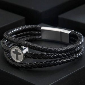 Cross Jezus Rvs Heren Armband Handgemaakte Drie Layer Wrap Lederen Armbanden Armbanden Beste Vrienden Klassieke Cadeau Voor Mannen