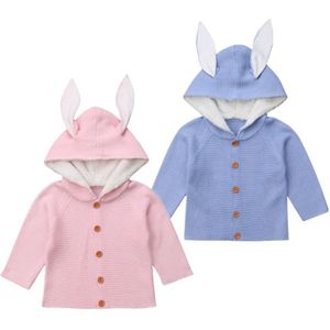 Brand Baby Meisje Jongen Winter Warm Jasje 3D Bunny Oren Capuchon Lange Mouwen Single Breasted Solid gebreide Jassen