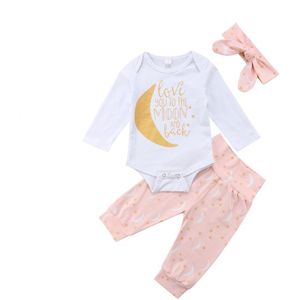 Pasgeboren Baby Baby Meisjes Jongens Mooie Mooie Kleding 3 Stuks Lange Mouw Brief Print Wit Romper Tops + Maan Print broek + Hoofdband