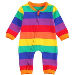 Pasgeboren Kleurrijke Rainbow Stripped Romper, Baby Baby Meisjes Jongens Casual Stijl Lange Mouwen Ronde Hals Rits Sluiting Jumpsuit