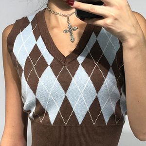 Preppy Stijl Argyle Gebreide Cropped Trui Vest Ongedwongen Mouwloze Vintage V-hals Plaid Jumper Vrouwen Herfst Trui Tops