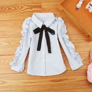 Baby Peuter Tienermeisjes Blouse Fall Lange Mouwen Turn-down Kraag Ruches Gestreepte School Meisje Tops Kinderen Shirts JW2600