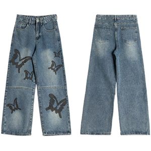 Heren Hip Hop Vlinder Gedrukt Denim Broek Toevallige Rechte Rits Jean Broek Unisex Lente Zomer Streetwear Jogger Jeans