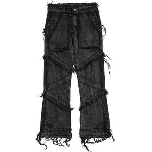 Aolamegs Jeans Mannen Multi-Pocket Kwastje Verontruste Ripped Gewassen Denim Broek Vintage High Street Hipster Jeans Streetwear Mode