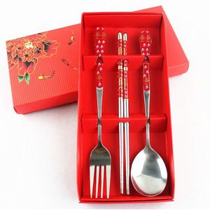 Relatiegeschenken bloem servies rvs servies eetstokjes lepel vork bestek set 3 stks/set geschenkdoos ~